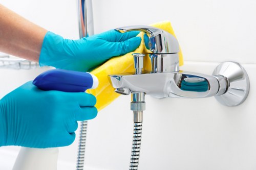 Warning signs and safe work area during carpet cleaning